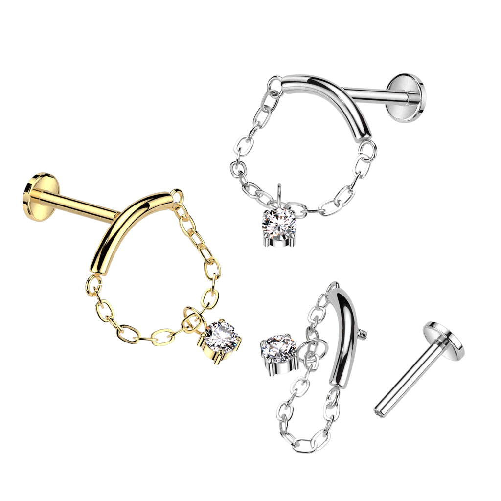 Labret with Chain Linked Curved Bar and CZ Dangle Top