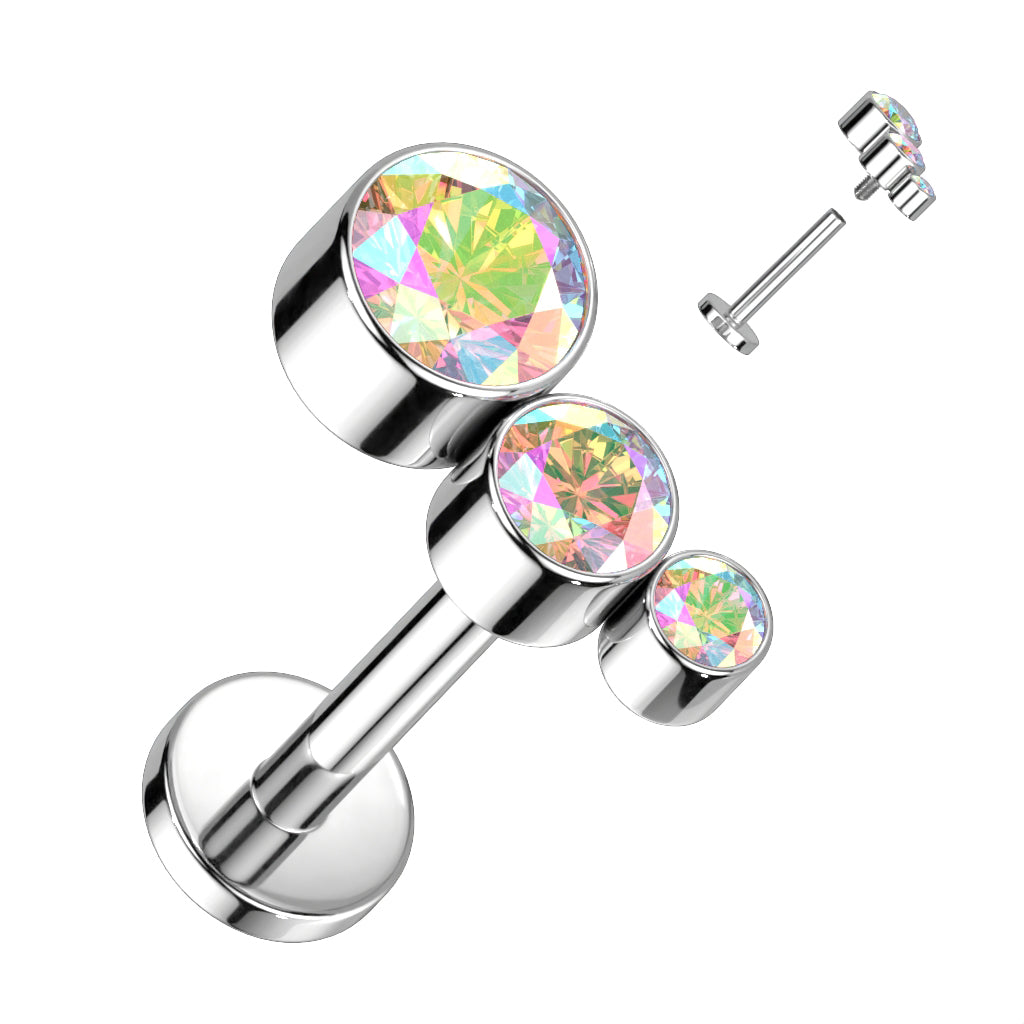 Labret With Descending Bezel Set 3 CZ Curved Top