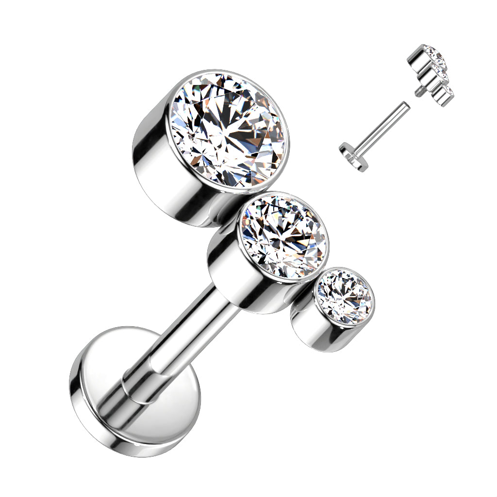 Labret With Descending Bezel Set 3 CZ Curved Top