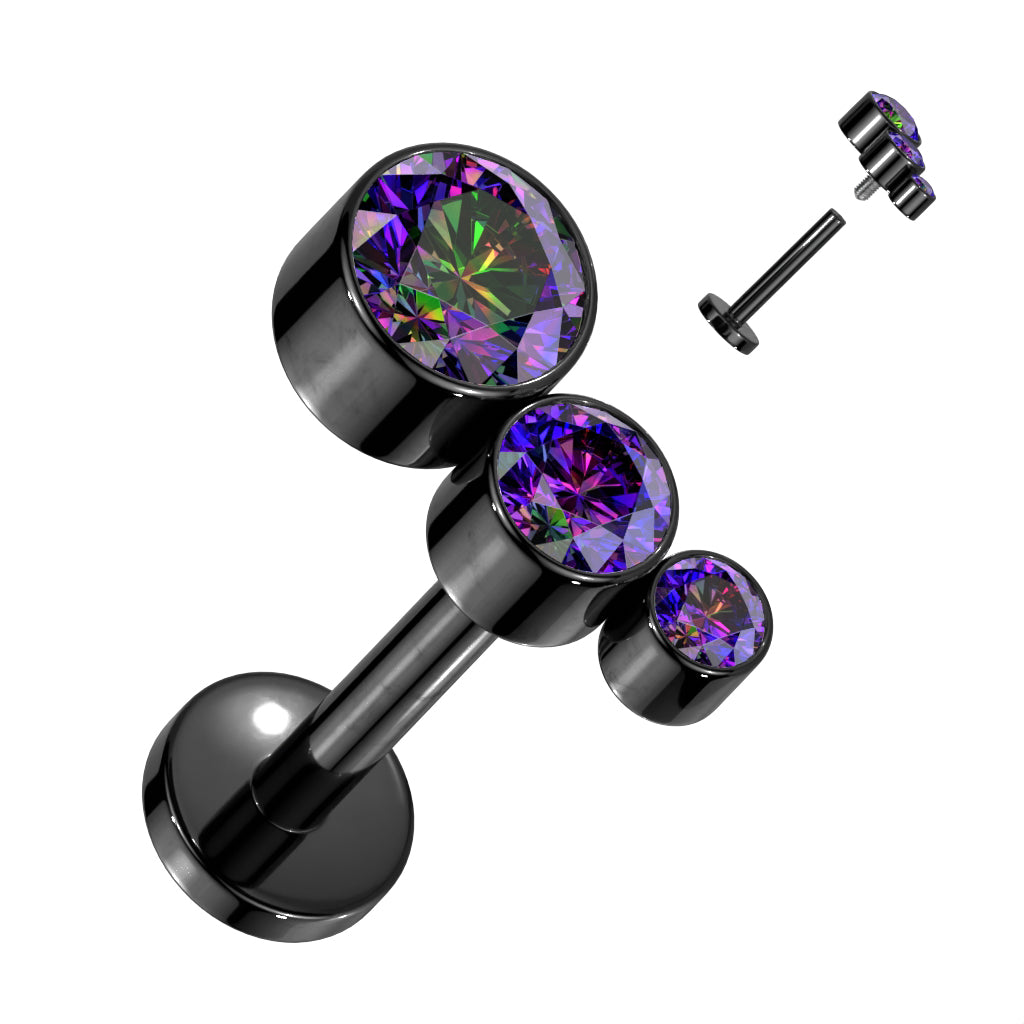 Labret With Descending Bezel Set 3 CZ Curved Top