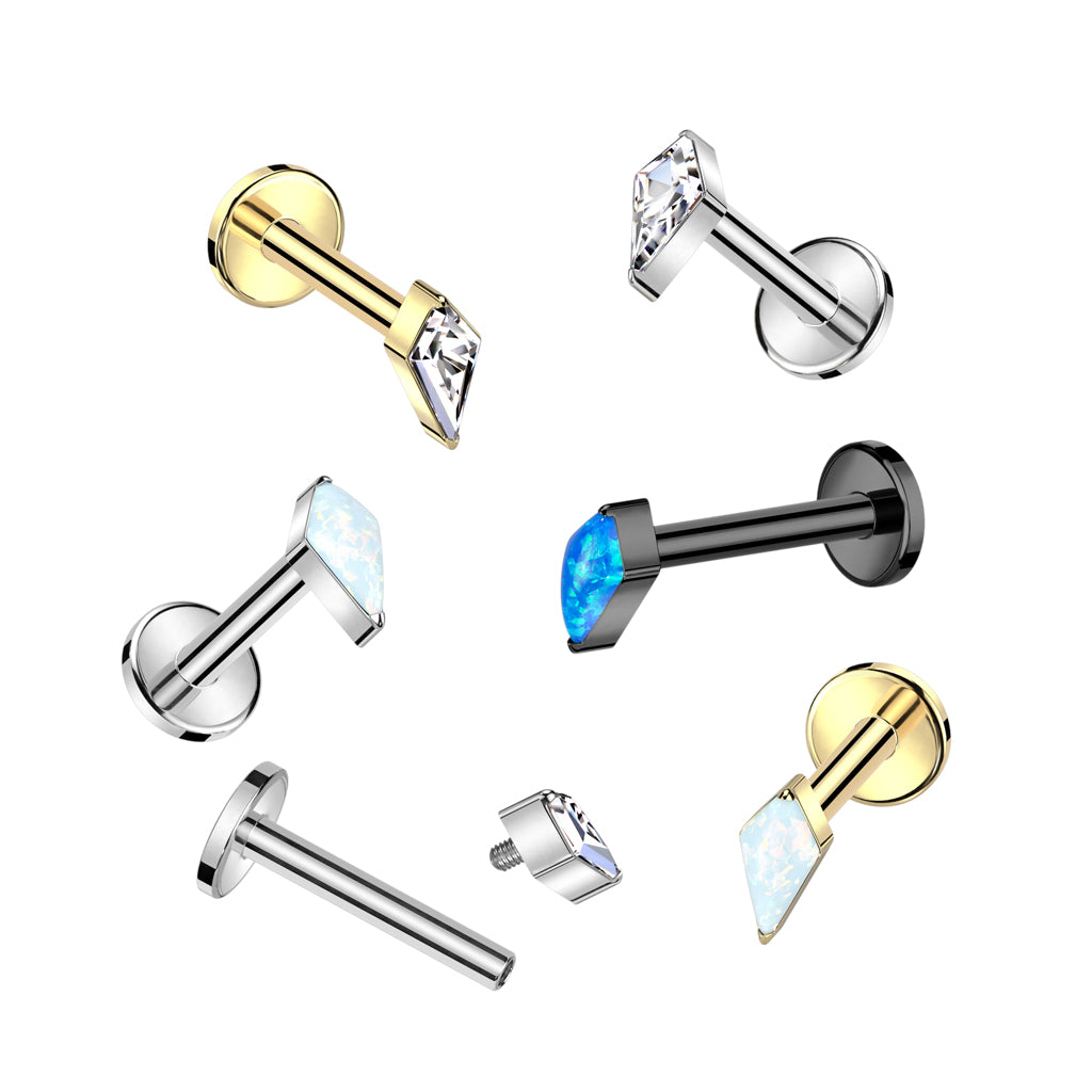 Labret with Diamond Shaped CZ or Opal Spear Top