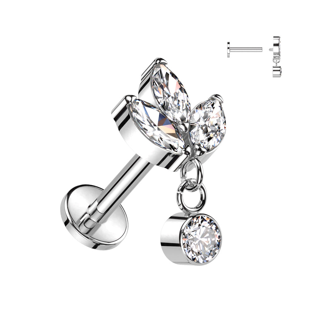 Labret with 3 Marquise CZ with Round Bezel Set CZ Dangle Top