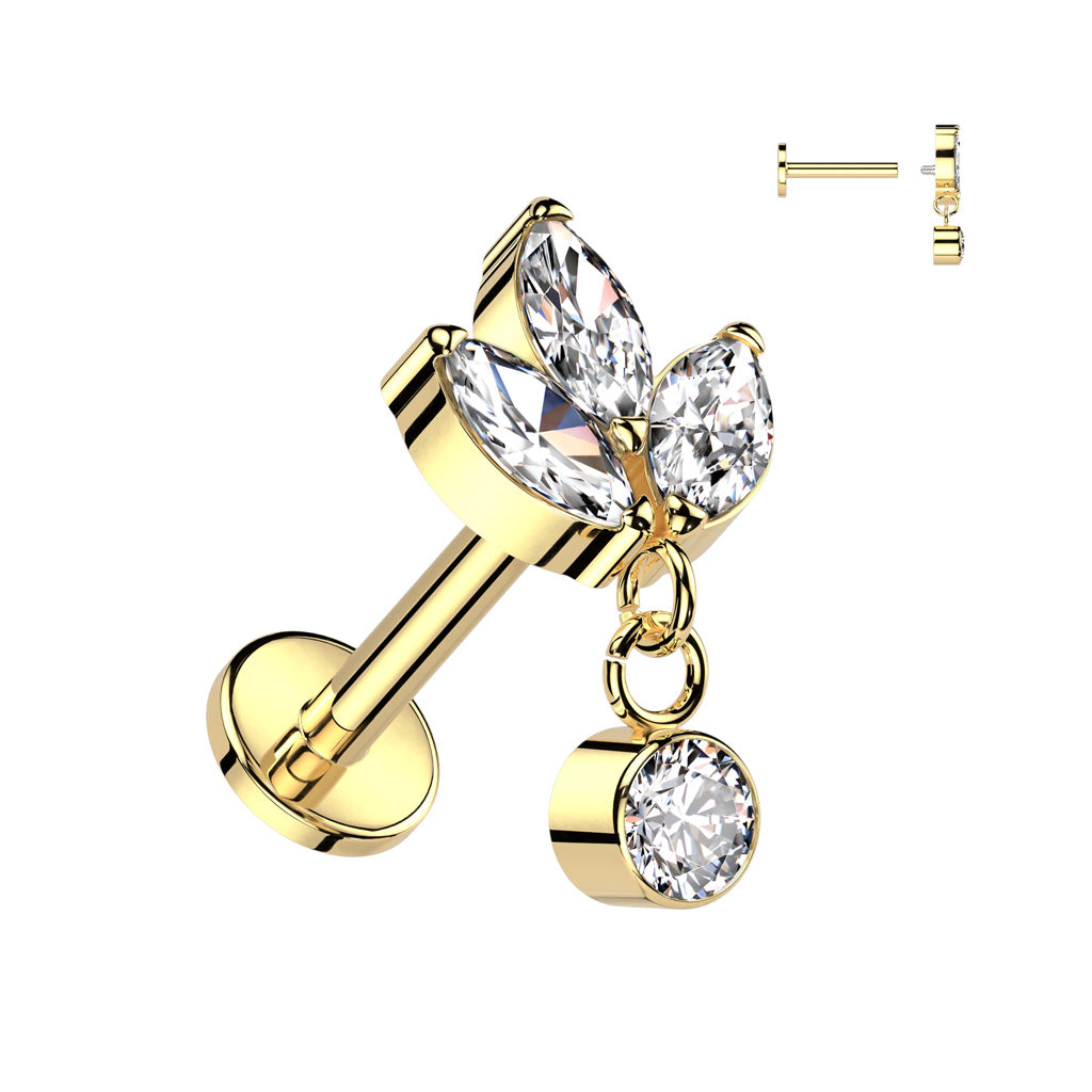 Labret with 3 Marquise CZ with Round Bezel Set CZ Dangle Top