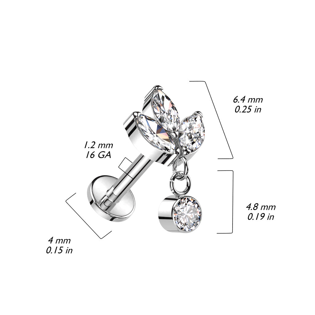 Labret with 3 Marquise CZ with Round Bezel Set CZ Dangle Top