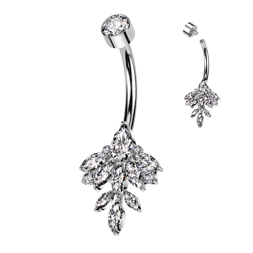 Navel Bar Bezel Set CZ Top With Marquise Leaf CZ Vine