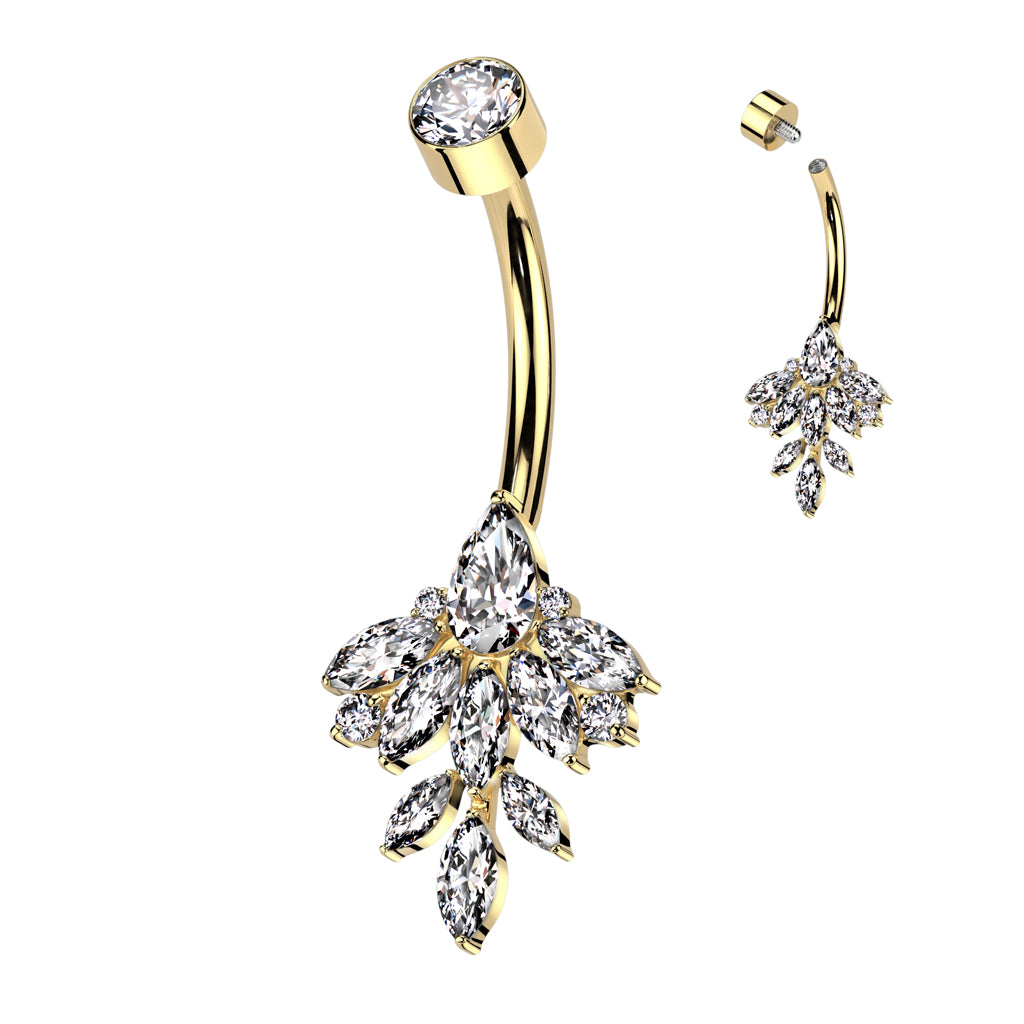 Navel Bar Bezel Set CZ Top With Marquise Leaf CZ Vine