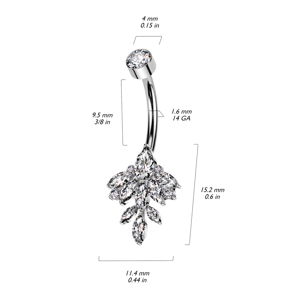 Navel Bar Bezel Set CZ Top With Marquise Leaf CZ Vine