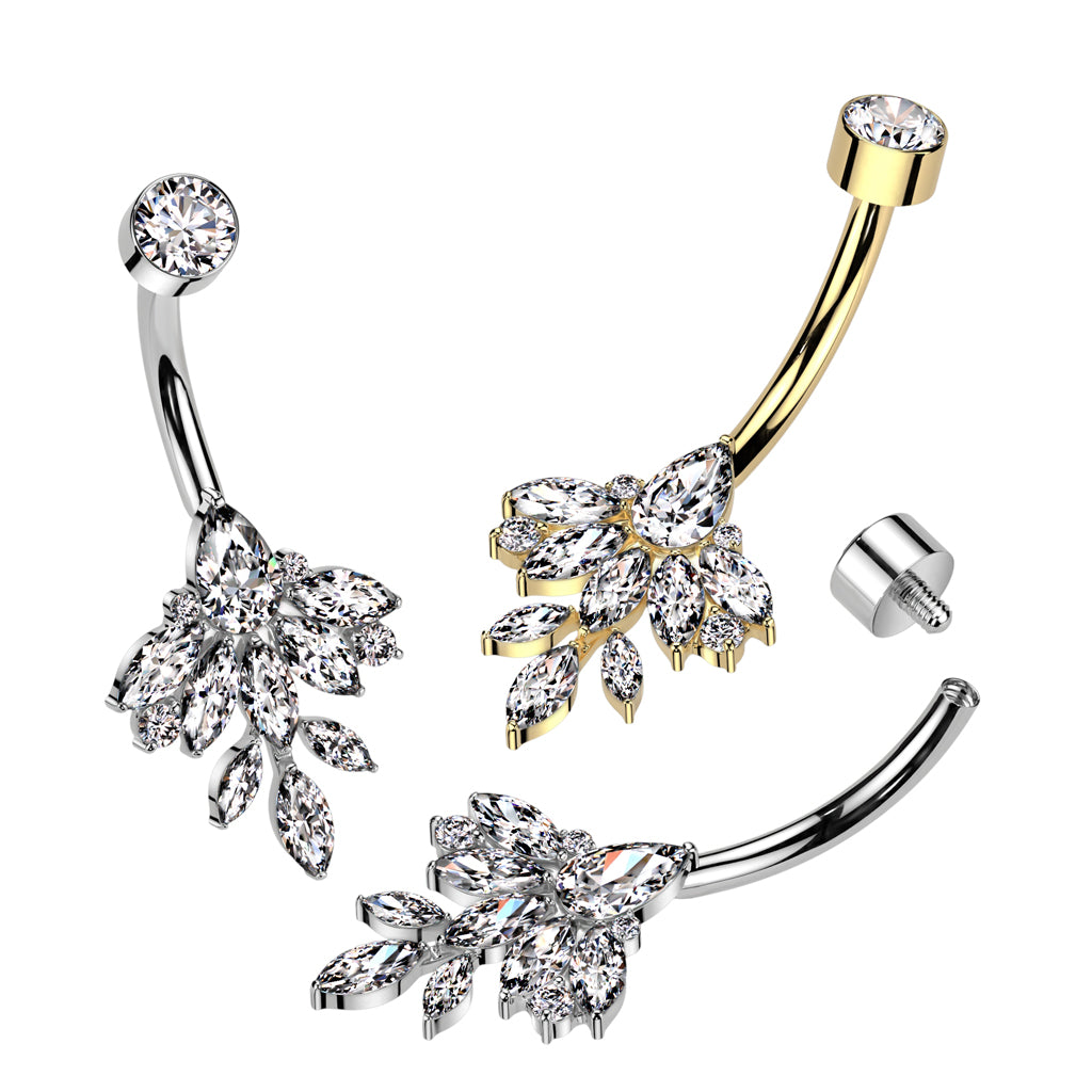 Navel Bar Bezel Set CZ Top With Marquise Leaf CZ Vine