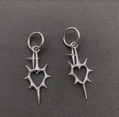 Gothic Silver Tone Thorns Hollow Heart Earrings