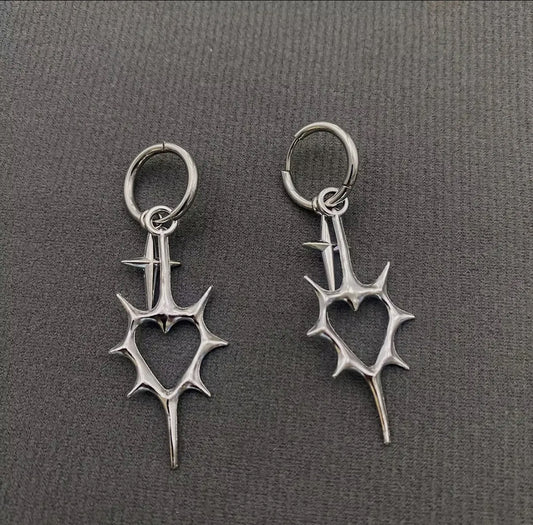 Gothic Silver Tone Thorns Hollow Heart Earrings