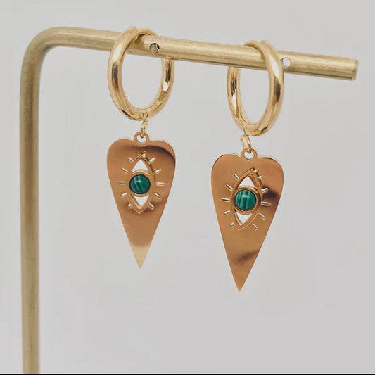 Inlaid Malachite Eyes Heart Charm Earrings