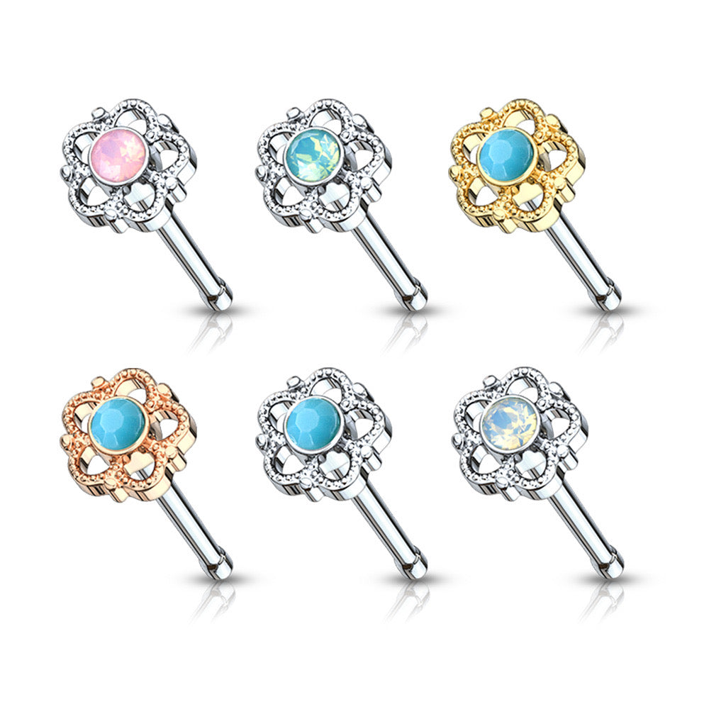 Turquoise and Opalite Centered Filigree Flower Nose Stud