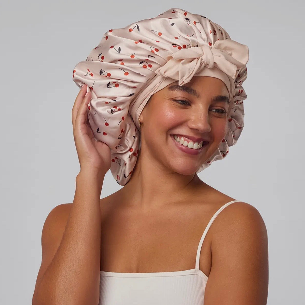 Adjustable Oversized Satin Bonnet- Cherry Print