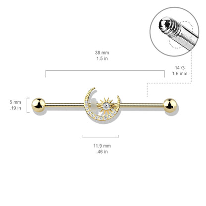 CZ Paved Moon with CZ Center Star Industrial Barbell