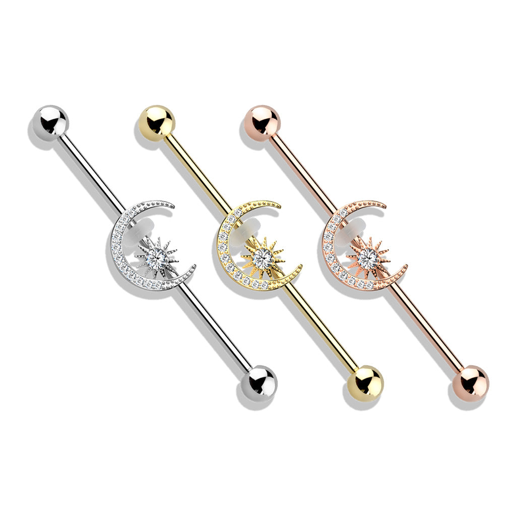 CZ Paved Moon with CZ Center Star Industrial Barbell