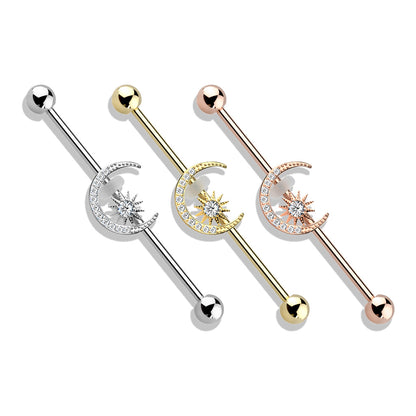 CZ Paved Moon with CZ Center Star Industrial Barbell