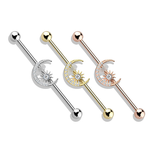 CZ Paved Moon with CZ Center Star Industrial Barbell