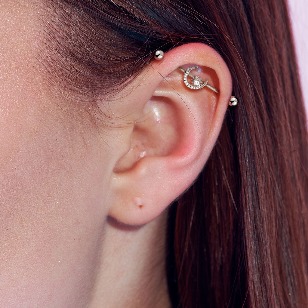 CZ Paved Moon with CZ Center Star Industrial Barbell