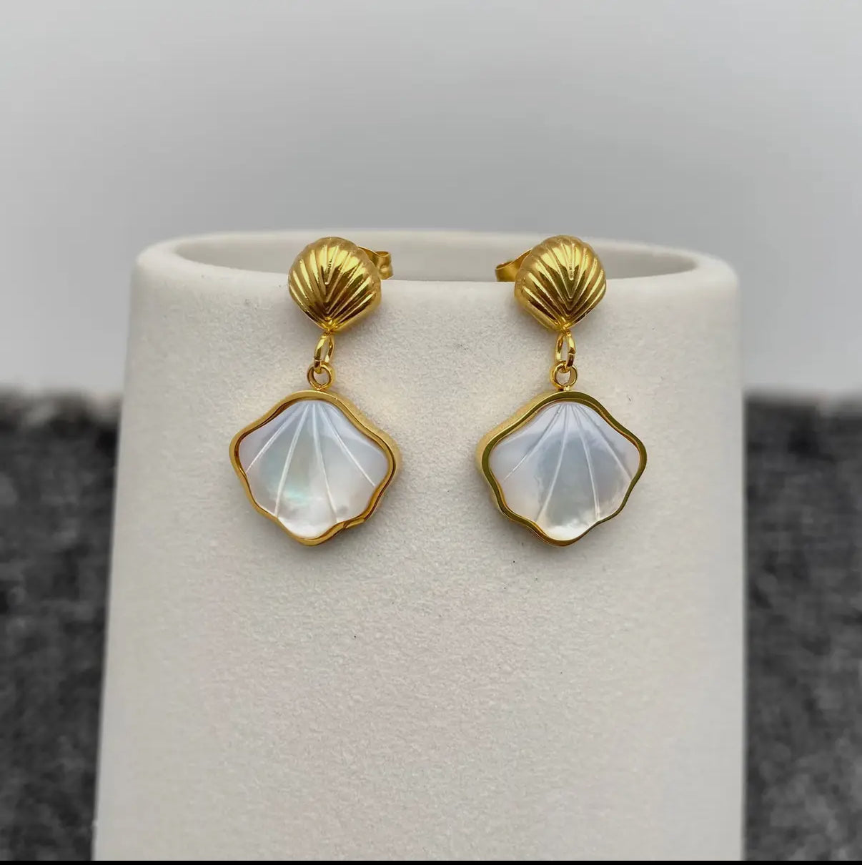 Gold Inlay Pectinid Shell Charm Drop Studs