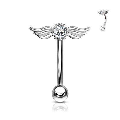 Round Crystal with Angel Wings Top Curved Barbell