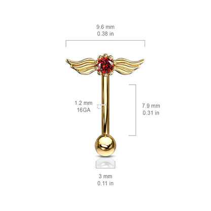 Round Crystal with Angel Wings Top Curved Barbell