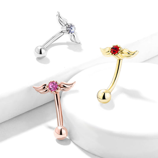 Round Crystal with Angel Wings Top Curved Barbell