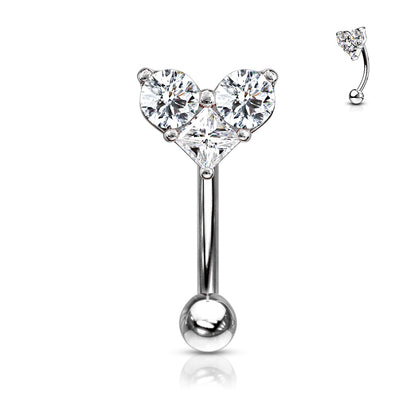Three Prong Set Round and Square CZ Heart Top Curved Barbell