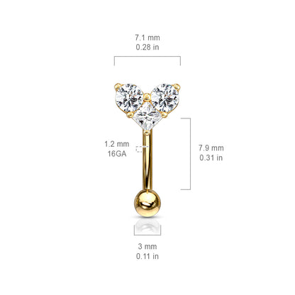 Three Prong Set Round and Square CZ Heart Top Curved Barbell