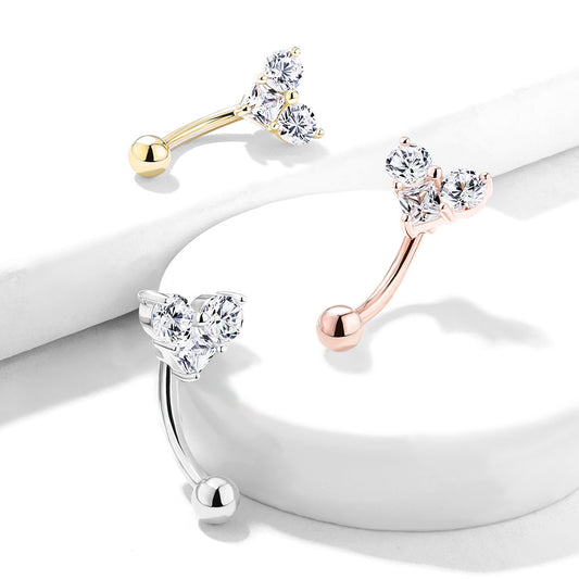 Three Prong Set Round and Square CZ Heart Top Curved Barbell