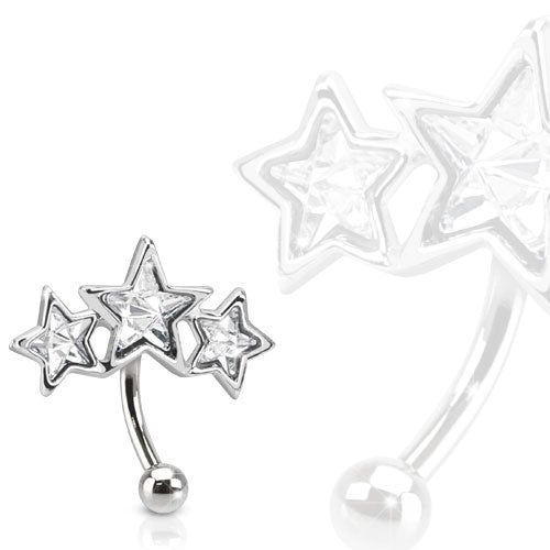 Triple Star with Paved Star Shaped CZs Curved Barbell