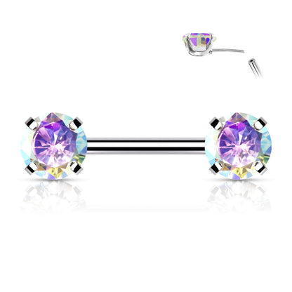 Threadless Nipple Barbells with Prong Set Round CZ Ends