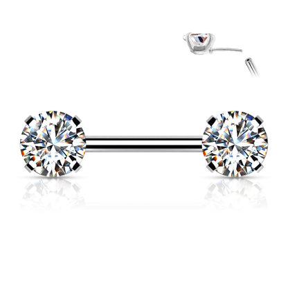 Threadless Nipple Barbells with Prong Set Round CZ Ends