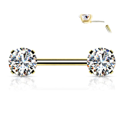 Threadless Nipple Barbells with Prong Set Round CZ Ends