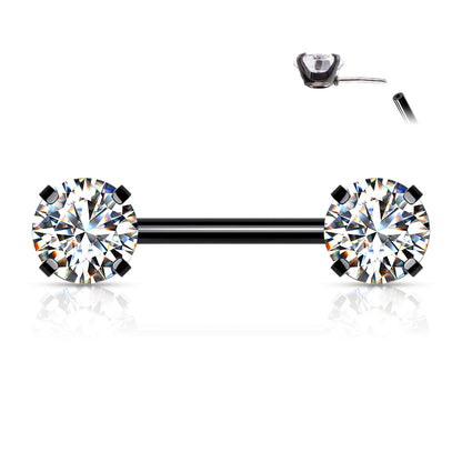 Threadless Nipple Barbells with Prong Set Round CZ Ends