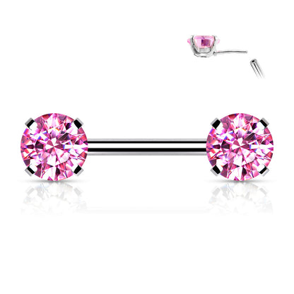 Threadless Nipple Barbells with Prong Set Round CZ Ends