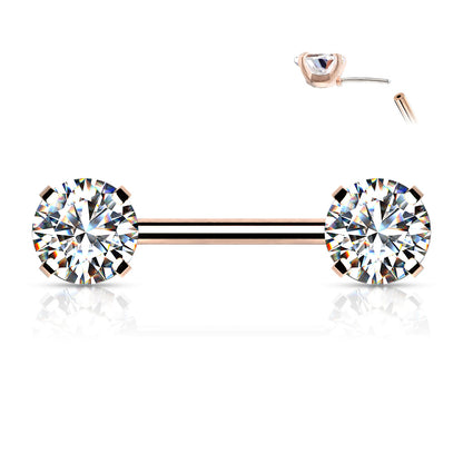 Threadless Nipple Barbells with Prong Set Round CZ Ends