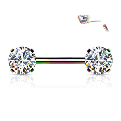 Threadless Nipple Barbells with Prong Set Round CZ Ends