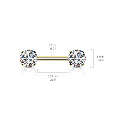 Threadless Nipple Barbells with Prong Set Round CZ Ends