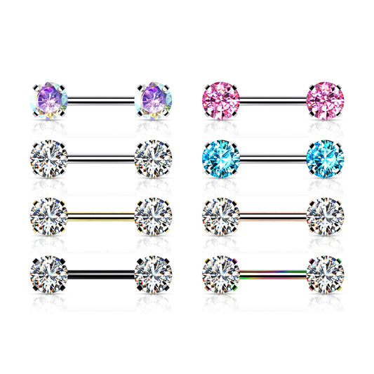 Threadless Nipple Barbells with Prong Set Round CZ Ends