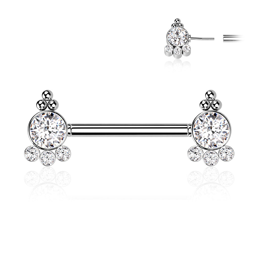 Threadless Nipple Barbell with 4 CZ and Ball Cluster On Each Side