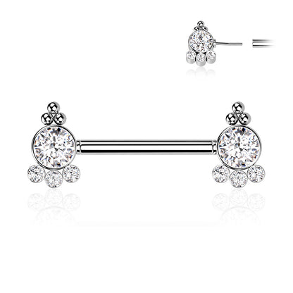 Threadless Nipple Barbell with 4 CZ and Ball Cluster On Each Side