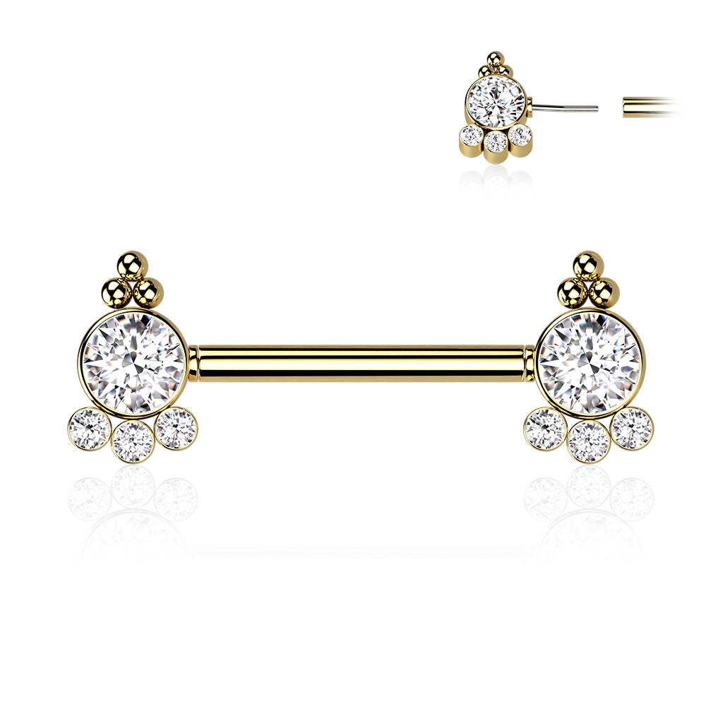 Threadless Nipple Barbell with 4 CZ and Ball Cluster On Each Side