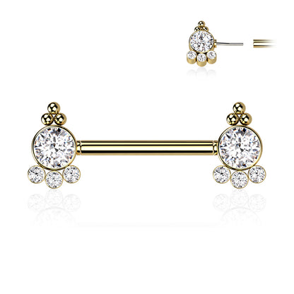 Threadless Nipple Barbell with 4 CZ and Ball Cluster On Each Side