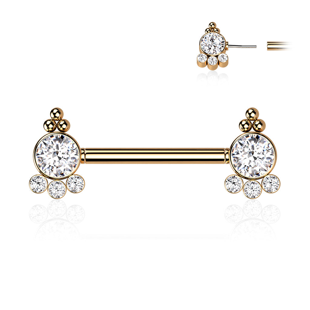 Threadless Nipple Barbell with 4 CZ and Ball Cluster On Each Side