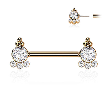 Threadless Nipple Barbell with 4 CZ and Ball Cluster On Each Side