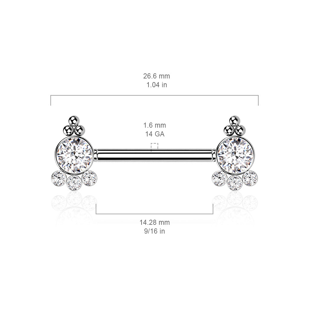 Threadless Nipple Barbell with 4 CZ and Ball Cluster On Each Side