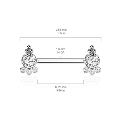 Threadless Nipple Barbell with 4 CZ and Ball Cluster On Each Side