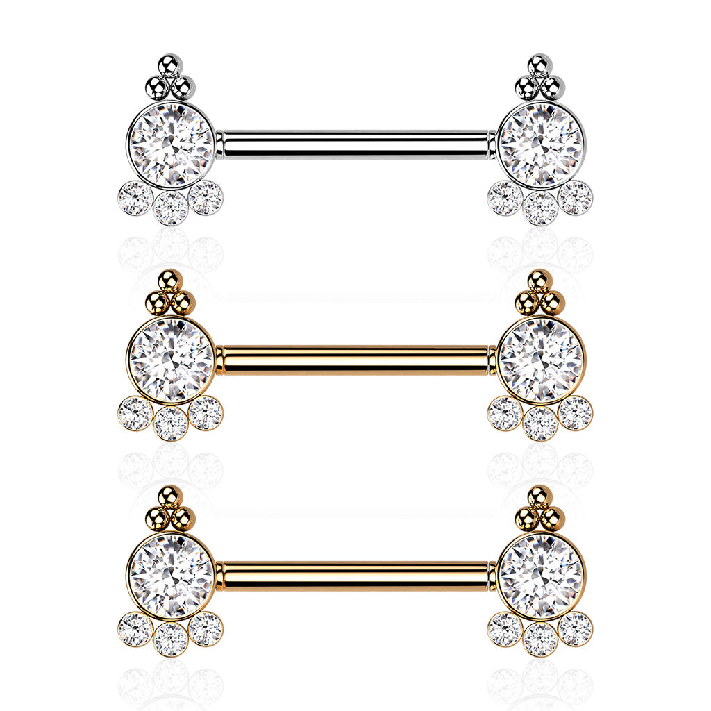 Threadless Nipple Barbell with 4 CZ and Ball Cluster On Each Side