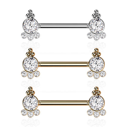 Threadless Nipple Barbell with 4 CZ and Ball Cluster On Each Side