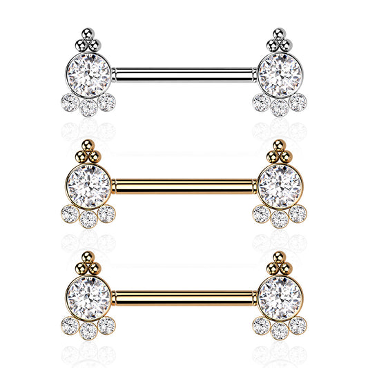 Threadless Nipple Barbell with 4 CZ and Ball Cluster On Each Side